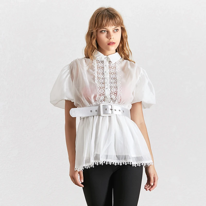 TWOTWINSTYLE Elegant Embroidery Patchwork Women Blouse Lapel Collar Half Sleeve Tunic Chiffon Shirt Female Fashion Summer