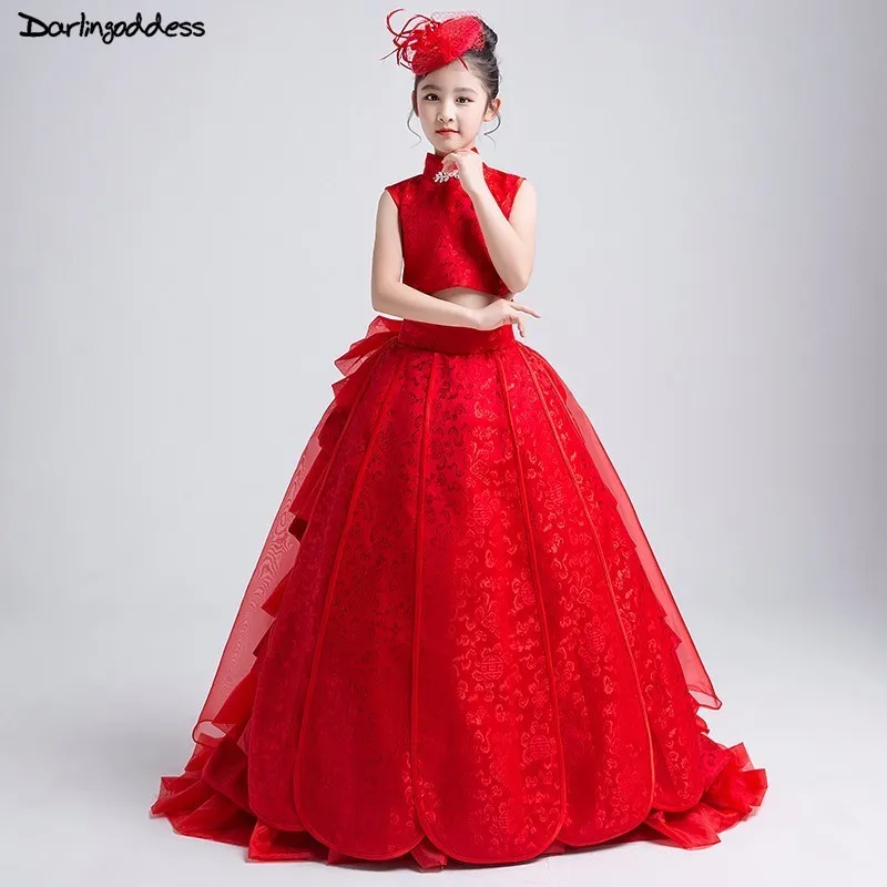 Роскошные пышные платья для девочек детское бальное платье Красные Платья с