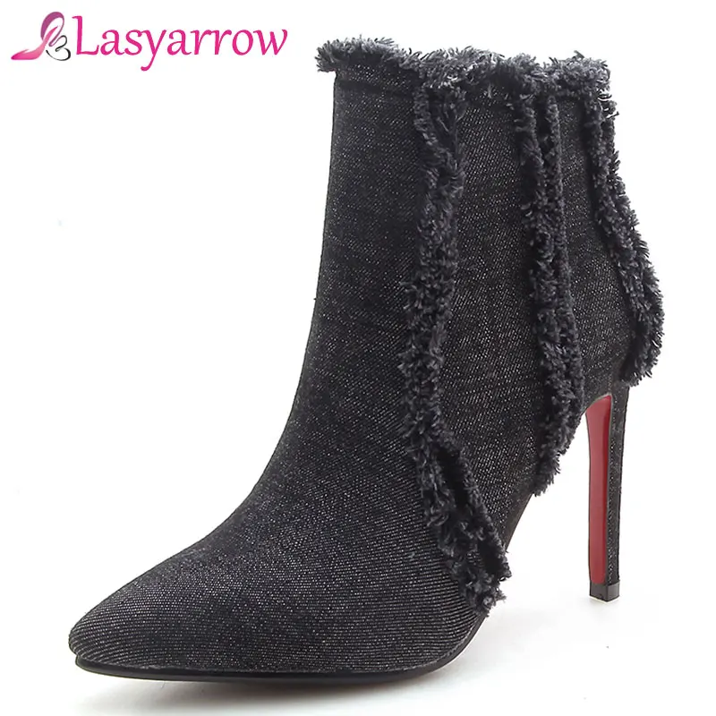 Lasyarrow 2018 Fashion Denim Ankle Boots Blue Lady's Tassel Pointed Toe Stilettos High Heels Autumn Winter Fringe Shoes Women | Обувь