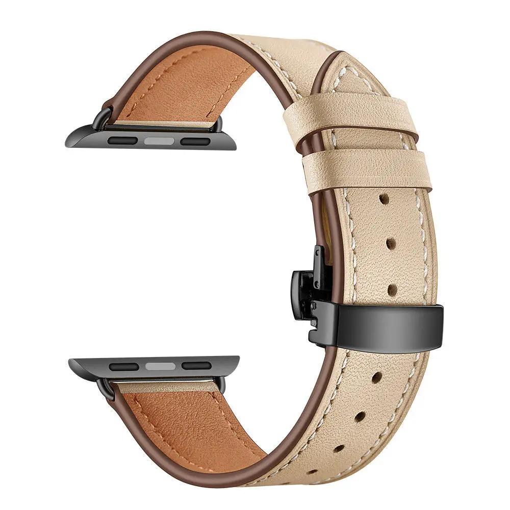 Apricot black buckle Мужской/женский ремешок из натуральной кожи для Apple Watch Band 42/38/44/40 мм Высококачественный браслет с застежкой-бабочкой серии 5 4 3 2 1 - Цвет ремешка: Apricot black buckle