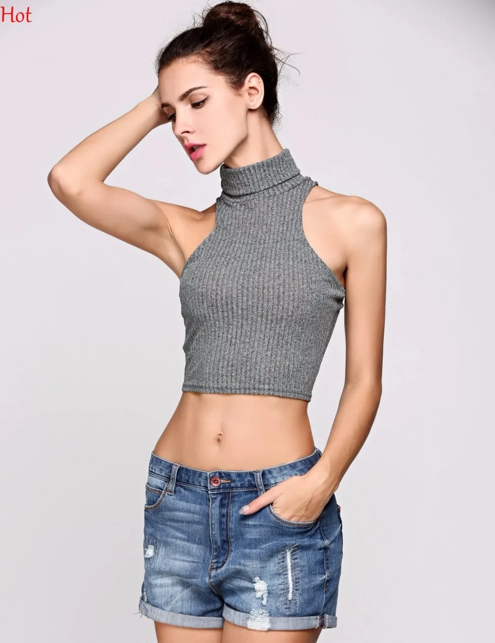 Летний облегающий укороченный свитер Топ для женщин без рукавов кроп Топы