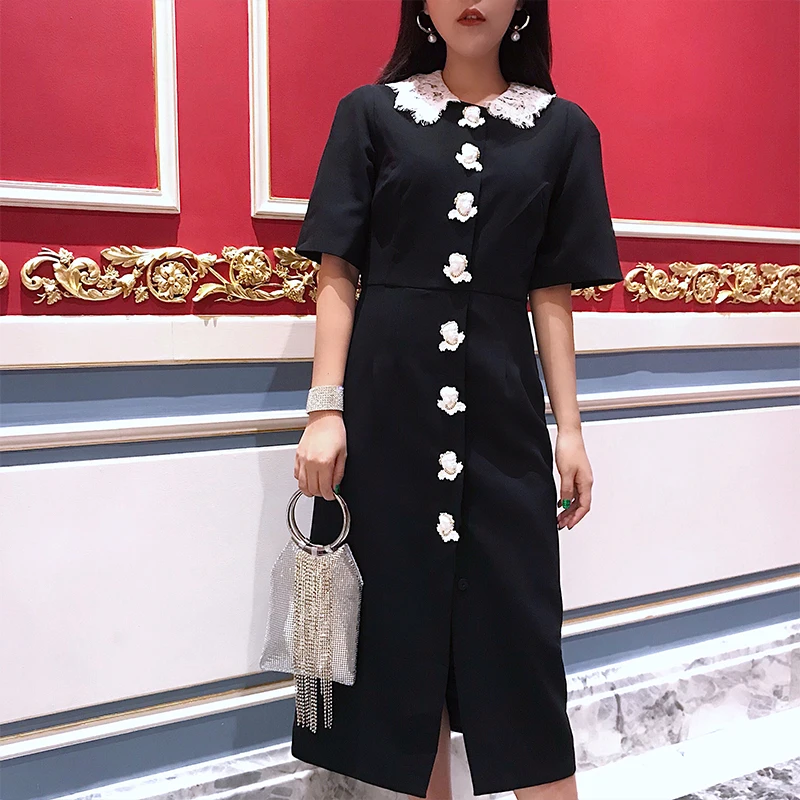 Черный Ретро завышенная талия средний платье длиной женский Ся 2018 новый стиль