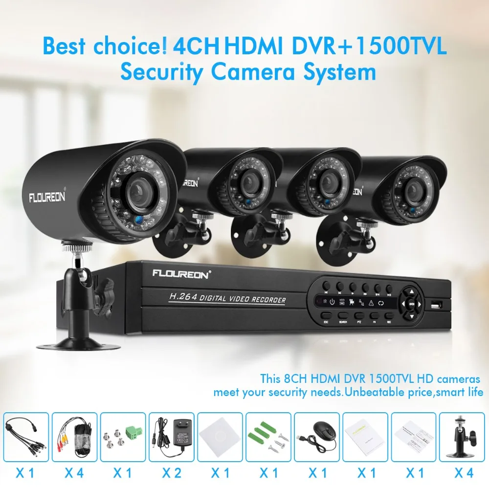 FLOUREON AHD 4CH CCTV 1080N HDMI DVR 1.0MP 1500TVL Открытый Всепогодный набор камеры видеонаблюдения домашняя система безопасности комплект видеонаблюдения
