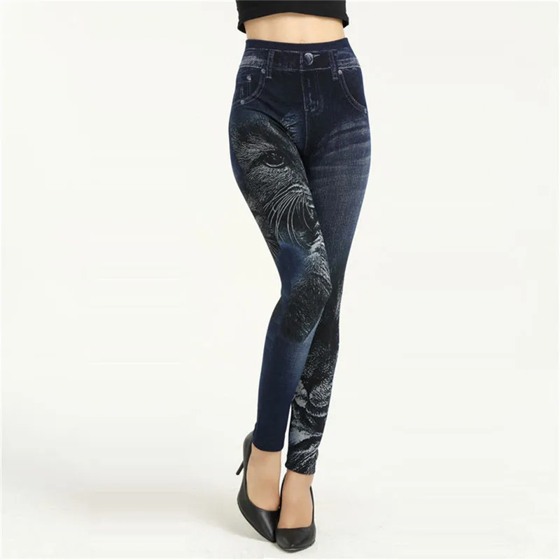 Женские джинсовые леггинсы с леопардовым принтом узкие карманами и обтягивающие