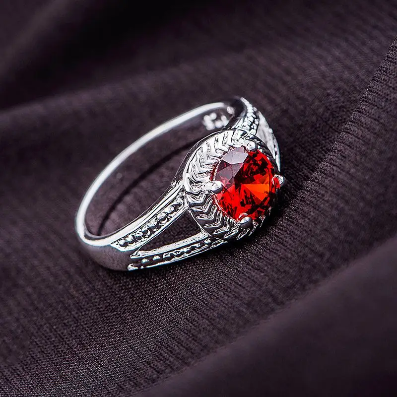 Круглое Кольцо из Красного камня с серебряным покрытием 925 модное серебряное