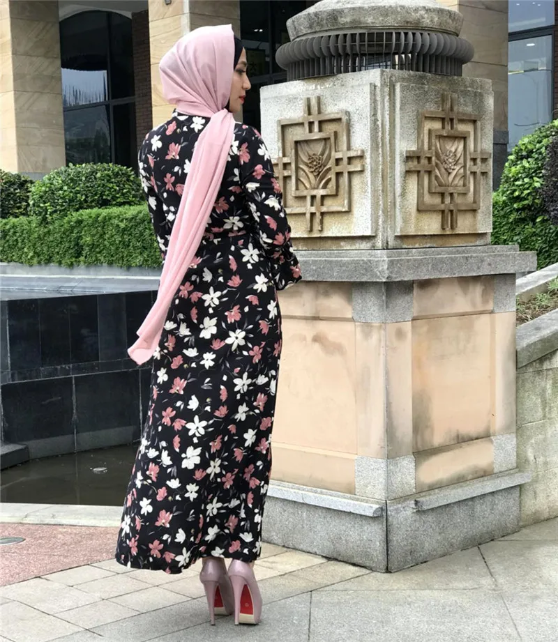 Женское платье с цветочным принтом Abaya черно белое длинное мусульманское макси