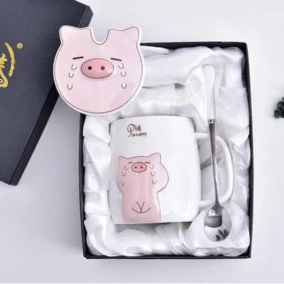 gift box C Креативная Милая поросенок керамическая кружка мультяшная чашка с крышкой чайная и кофейная ложка кружка керамические кружки и чашки Посуда для студентов лучший подарок - Цвет: gift box C