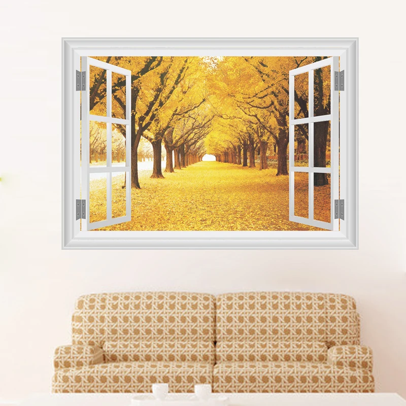 Желтое дерево улица дорога 3D окна Наклейки на стену Гостиная Спальня Аксессуары