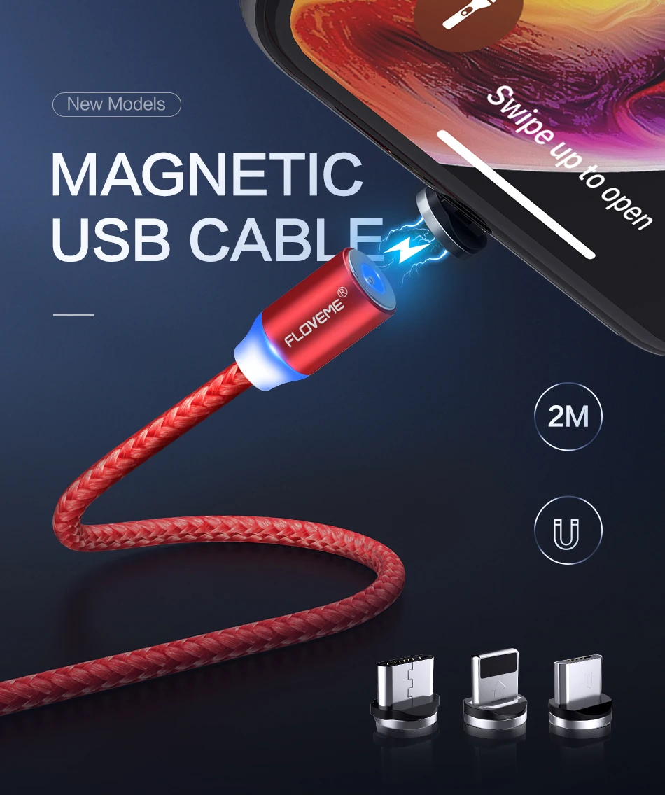 FLOVEME 1 м/2 м светодиодный магнитный кабель, Micro USB кабель type C Магнитный зарядный кабель 2A Плетеный телефонный кабель для iPhone Xr Xs X samsung usb c