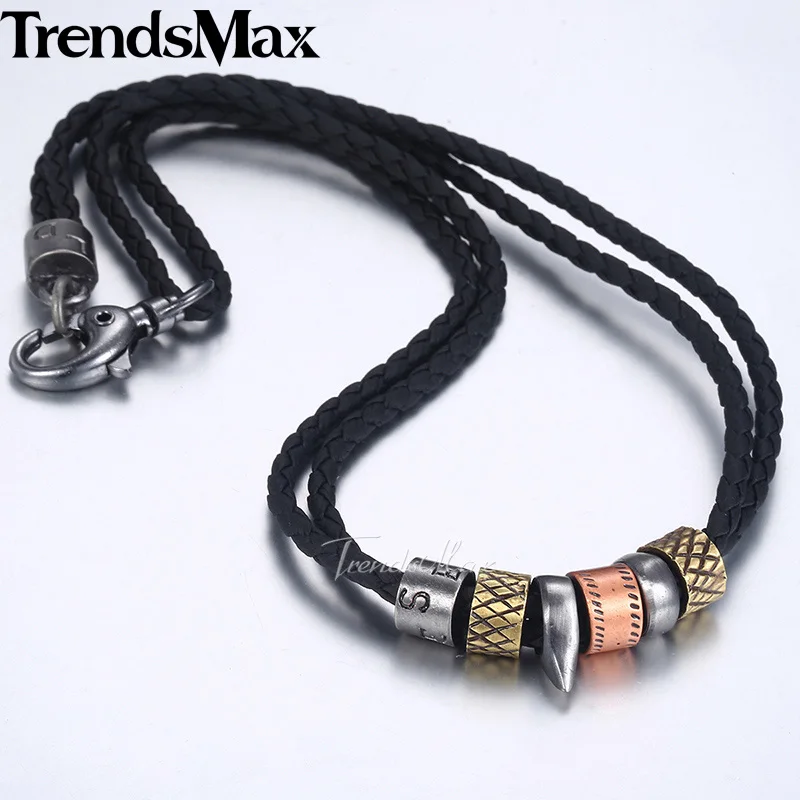 LP99 Trendsmax мужское черное кожаное ожерелье металлический зуб кулон этнический Винтажный стиль плетеная веревка модные украшения для мужчин для мальчиков LP99 - Окраска металла: LP99
