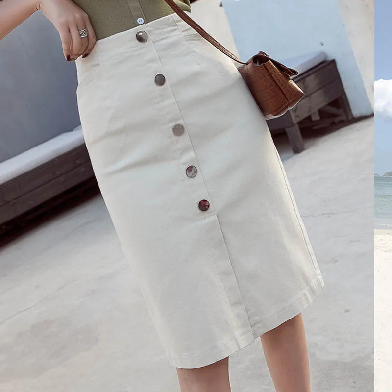 NORMOV Fashion Women High Waist Single Breasted Jean Skirt Streetwear Skinny Female Pencil Skirt White Pockets Denim Skirt