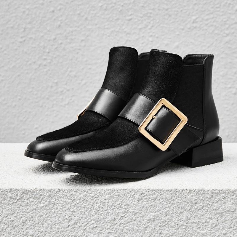 Women's Genuine Leather Metal Buckle Slip-on Autumn Ankle Boots Brand Designer Horsehair Punk Short Booties Winter Shoes Women | Обувь