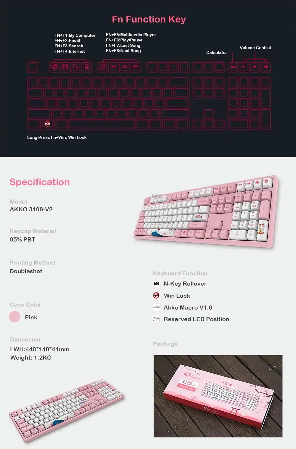 AKKO 3108 V2 108 Механическая игровая клавиатура PBT Keycap Akko Розовый Переключатель тип-c Проводная Механическая игровая клавиатура