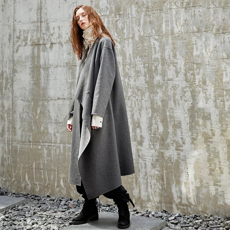 2018 AW Collection original design simple asymmetrical long belted gray double faced wool coat women | Женская одежда