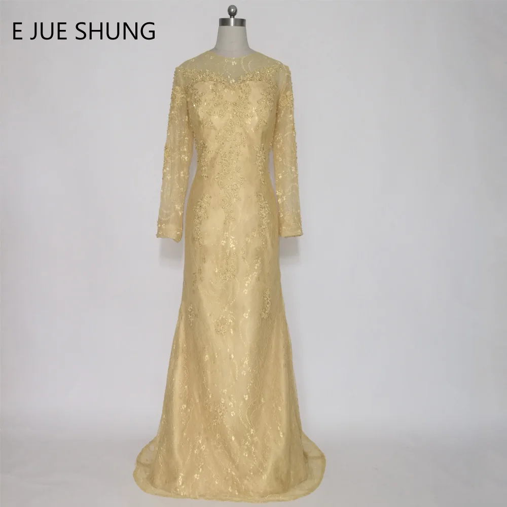 

Женское вечернее платье-Русалка E JUE SHUNG, золотистое кружевное платье для матери невесты с длинным рукавом и бусинами, длинные официальные пл...