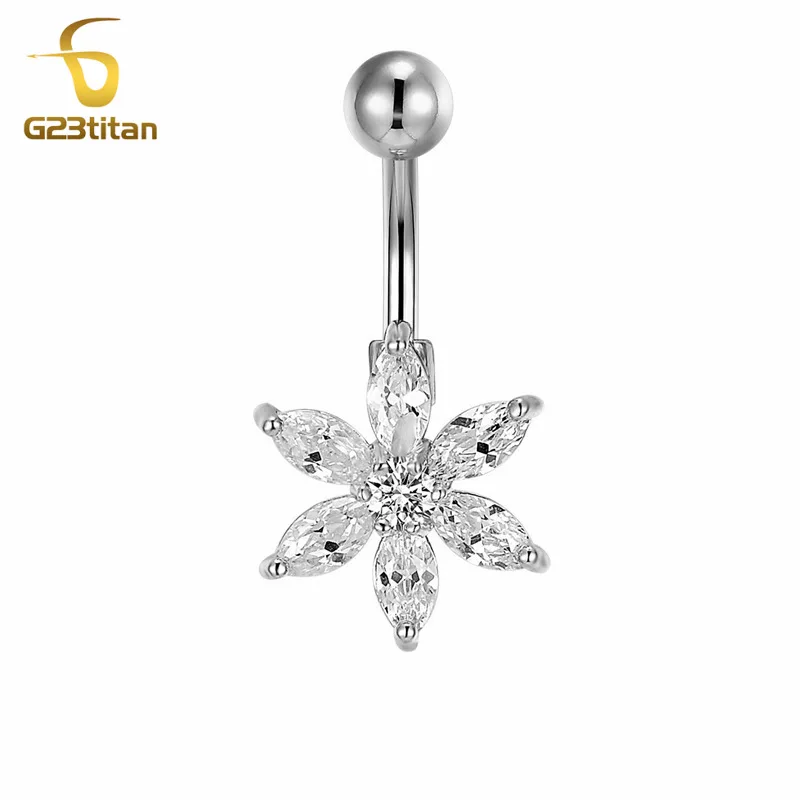 Flower G23titan гипоаллергенный пирсинг для пупка Кристалл Бабочка титановый Бар Пирсинг живота висящие Украшения для тела - Окраска металла: Flower