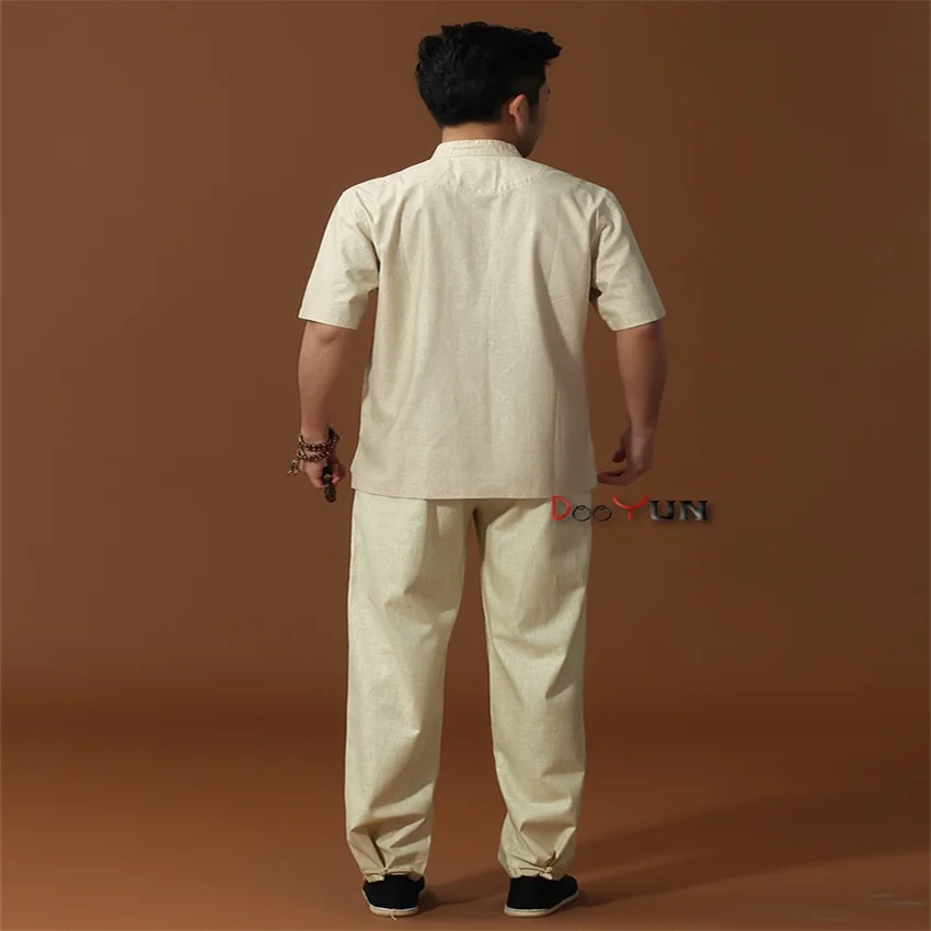 Скидка бежевая Мужская льняная рубашка Топ китайская Новинка Кунг фу Тан костюм