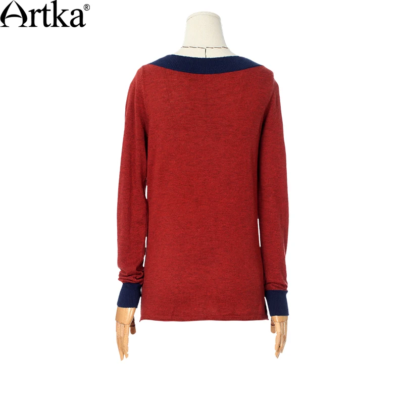 ARTKA Women's Spring Casual Fashion O-Neck Full Sleeve Pullover Striped Pattern Loose Female Sweater Red Pullovers YB18036Q | Женская