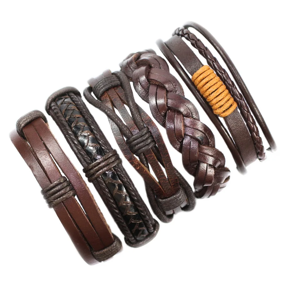 ZotatBele Handmade Vintage 5pcs/set ethnic tribal genuine bracelet wrap charming male pulsera brown braided leather bangle F63 | Украшения