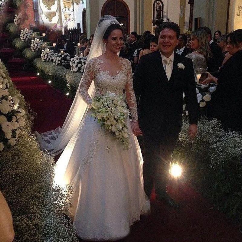 Принцесса 2016 Белое Кружево Свадебные Платья Иллюзия Длинные Рукава Sexy Back Бальное