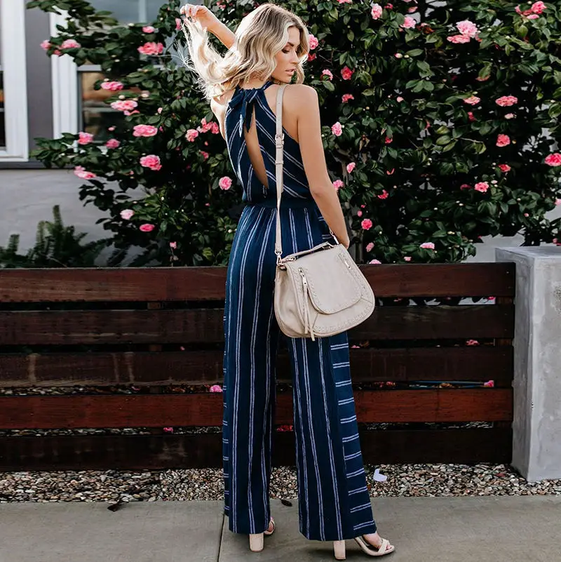 Новейший Модный летний комбинезон в полоску сексуальный женский без рукавов с v