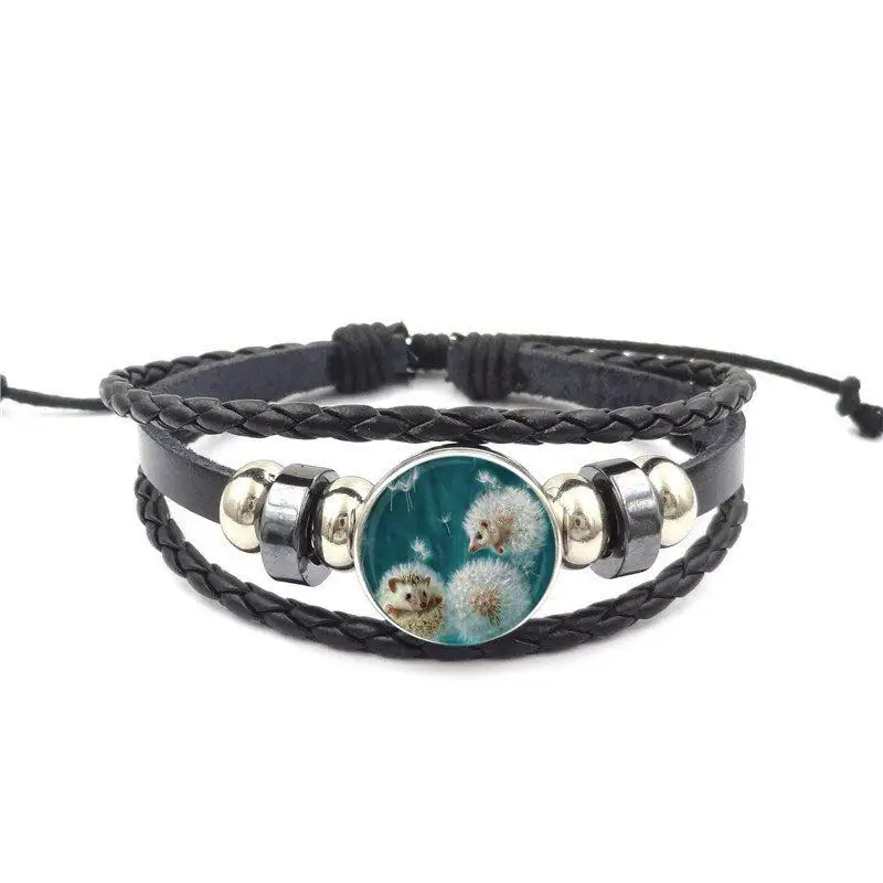 EJ глазури черный кожаный браслет бижутерия со стеклянными кабошонами для