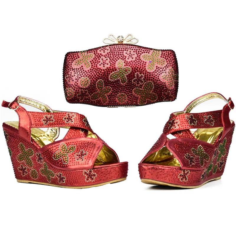 Red Color African Shoes and Matching Bags Italian Shoe Bag Set for Party In Women with Rhinestone | Обувь