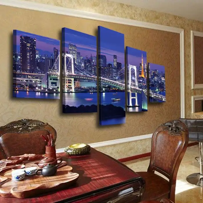 Набор из 5 панелей картина с изображением ночного и моста на холсте без рамы 2017