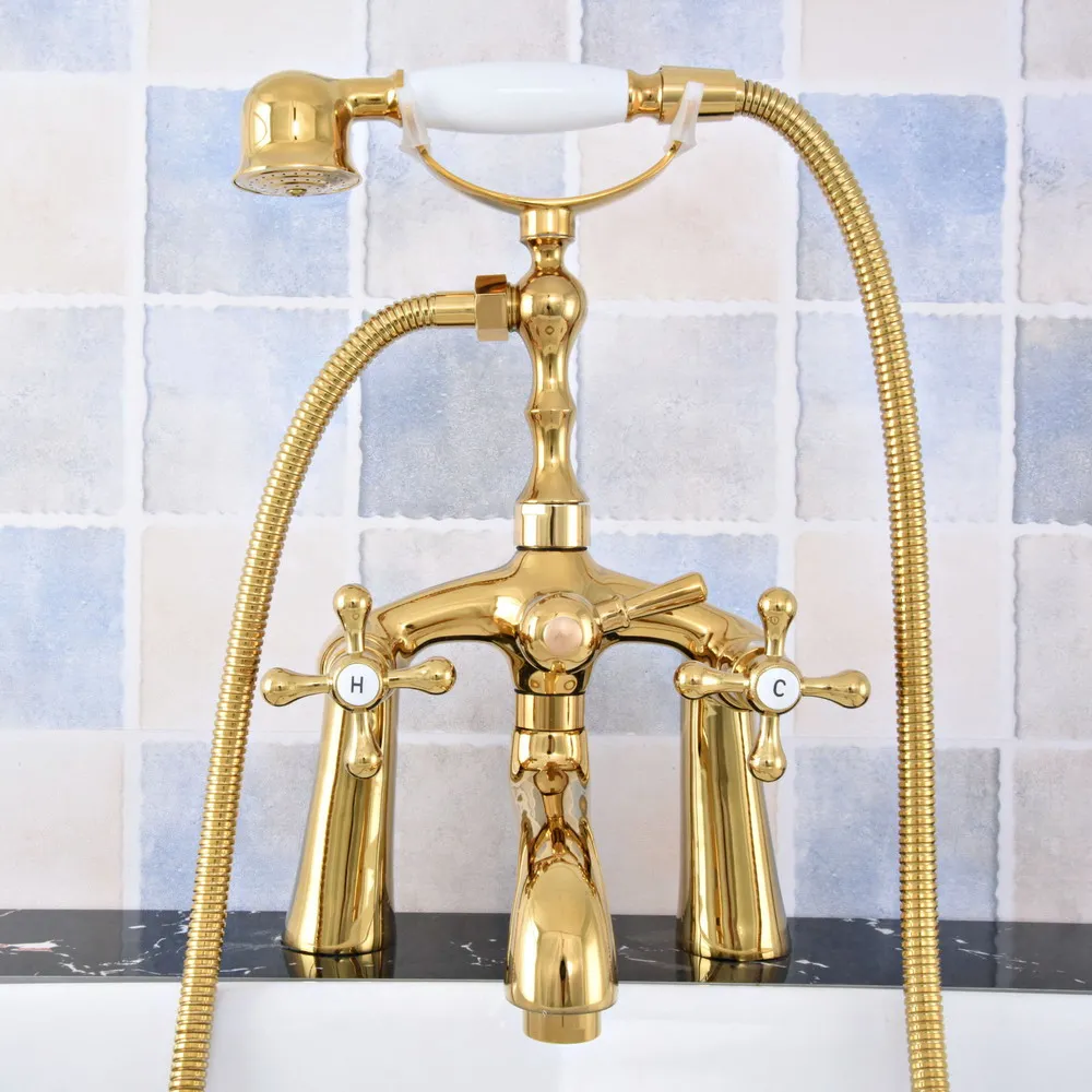 

Luxury Gold Color Brass Double Cross Handles Deck Mounted Claw Foot Bathroom Tub Faucet Mixer Tap With Handshower mtf777