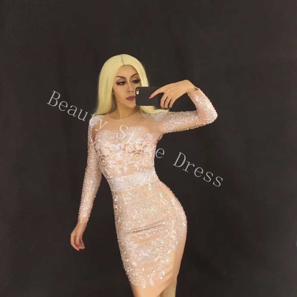 

Women Birthday Celebrate Evening Wear Dress Fashion Rhinestones Pearls Long Sleeves Dresses Female Singer Clothes Dance Costume