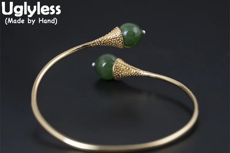 

Uglyless Real 925 Sterling Silver Women Luxury Dress Bangles Natural Green Jade Bangle Jasper Beads Fine Jewelry Handmade Bijoux