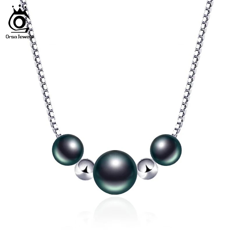 ORSA JEWELS серебряное ожерелье с подвеской 925, высокое качество, жемчужные подвески в виде ракушки, круглое черно-белое жемчужное ожерелье, ювелирные изделия для девушек OPSN25