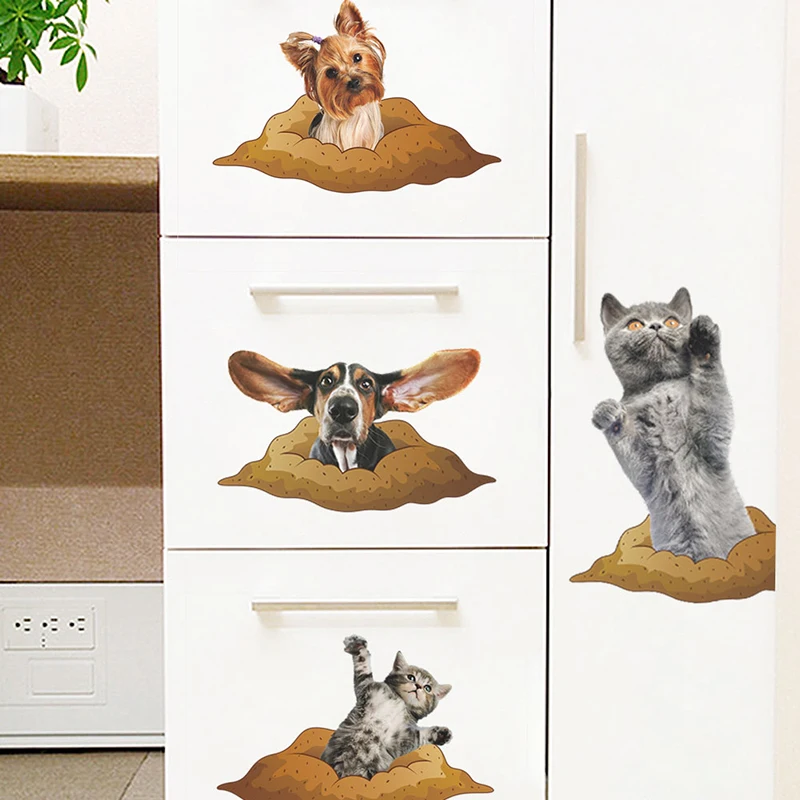 % Кошки собаки 3D Яркий вид декоративная наклейка на стену унитаз Декор для ванной