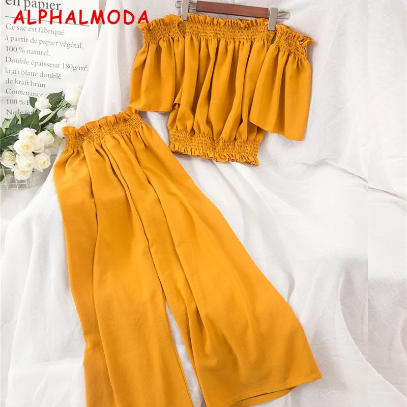 Женский шифоновый костюм ALPHALMODA комплект из топа и брюк с широкими штанинами