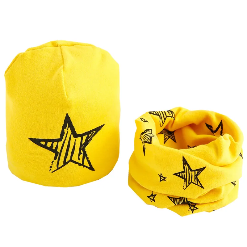 yellow star hat set Новая весенне-Осенняя шапка для девочек, шарф, комплект с рисунком совы, звезды, лебедя, шапка для маленьких мальчиков и девочек, детская шляпа, шарф-воротник, комплект хлопковой детской шапки - Цвет: yellow star hat set