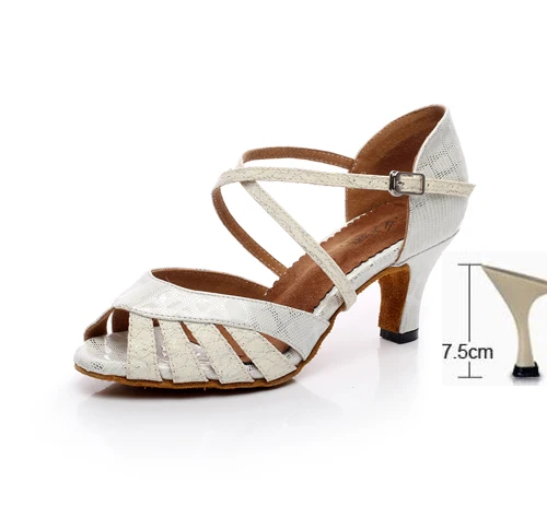 Silver Heel 75mm Женские латинский бальный танец, женские современное Танго вечерние танцевальные туфли для сальсы, сандалии на каблуке 6/7, 5/8, 5 см, домашняя мягкая подошва 1873 - Цвет: Silver Heel 75mm