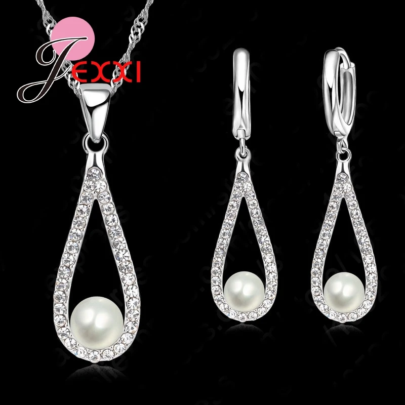 Женский комплект из колье и серёг серебра 925 пробы с искусственным жемчугом