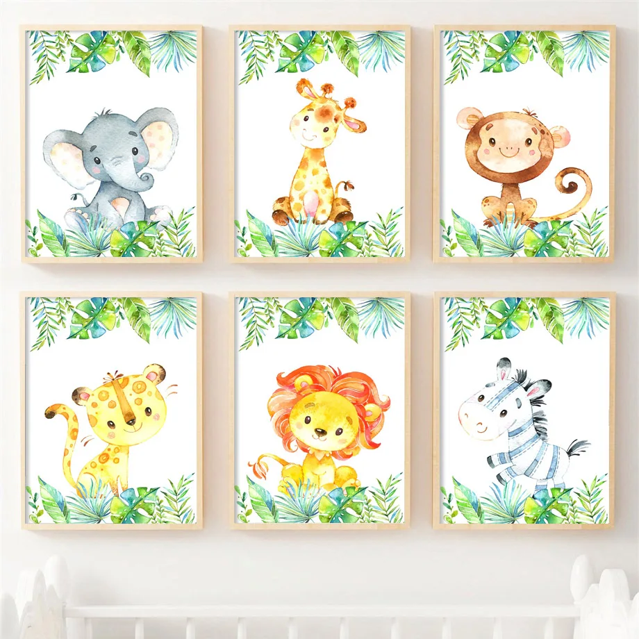 

Tropical Jungle Safari Lion Giraffe Zebra Elephant Nursery Wall Art Canvas Painting Nordic Poster Decor Pictures Baby Kids Room