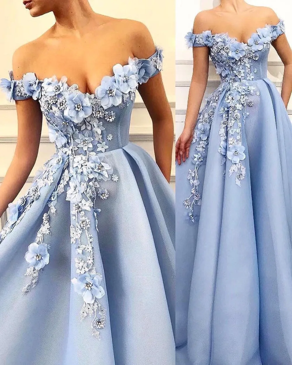 Vestidos небесно-голубые длинные вечерние платья с открытыми плечами 3D цветочной аппликацией длиной до пола вечерние платья