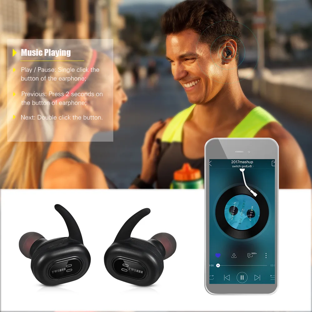 T300 TWS Bluetooth Earphone True Wireless Stereo Earbud Waterproof HD Communication Headset Sport Earphones With Mic for Phone |