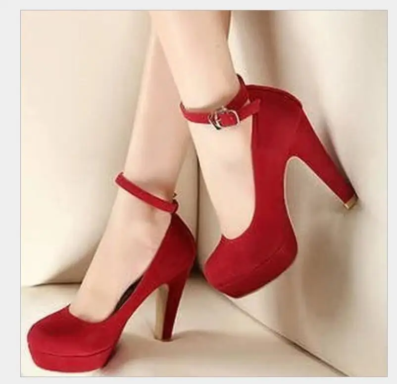 2019 women's pumps fashion party wedding chunky heels with shallow mouth round head Solid color velvety buckle shoes for women | Обувь