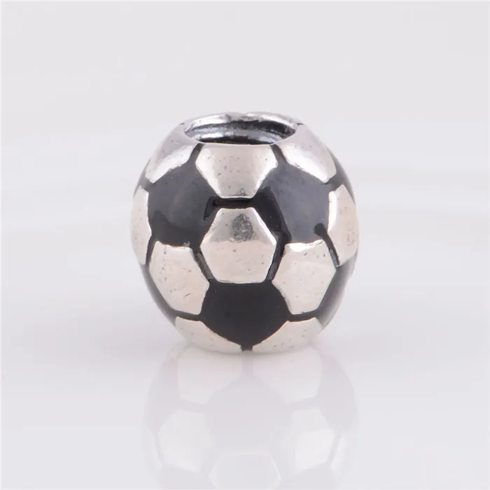 Подлинное 925 пробы серебро футбольный мяч спортивные бисера с черной эмалью