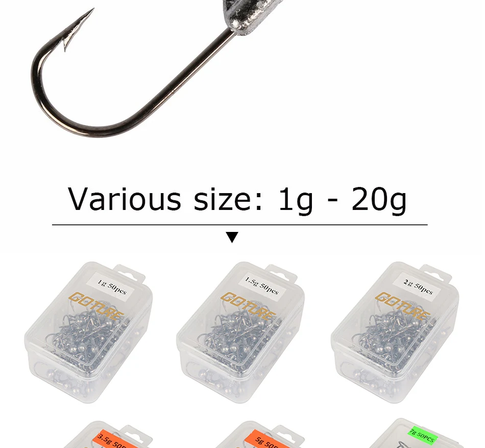 Goture 20-50 шт./кор. набор рыболовных крючков 1g-20 г Lead Jig Head крючки с приманки жесткая коробка для Мягкая приманка рыболовные принадлежности