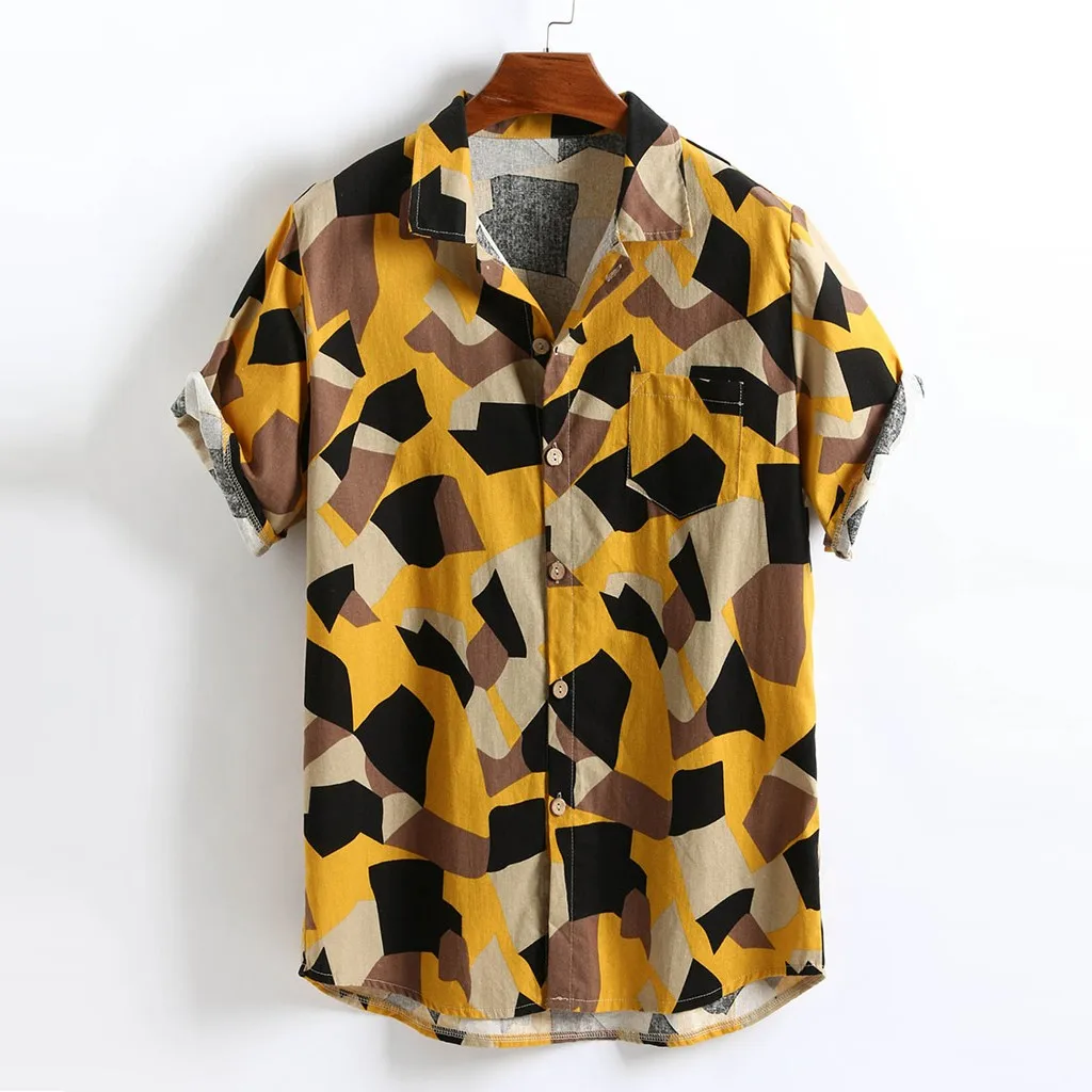 Blouse Shirt Men Linen Summer Hawaiian Print V Neck Top Short Sleeve Casual Harajuku Camisa Hombre Streetwear Clothes 19Jun