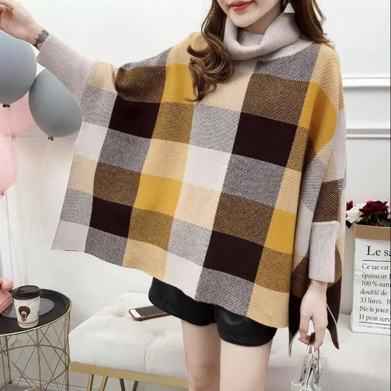 Новая свободная клетчатая шаль пончо летучая мышь свитер |