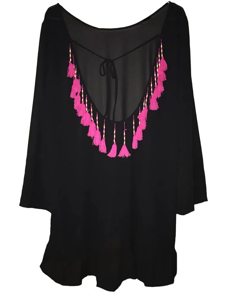 Vestidos, сексуальное женское платье с оборками, летнее, без спинки, парео, платья, вечерние, короткие, мини, Пляжная туника, с кисточками, с бусинами, накидка, пляжная одежда