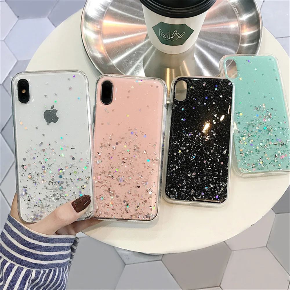 Мягкий чехол QINUO с блестками для iphone 8 7 Plus 6 s прозрачный эпоксидной звездой X XR XS MAX