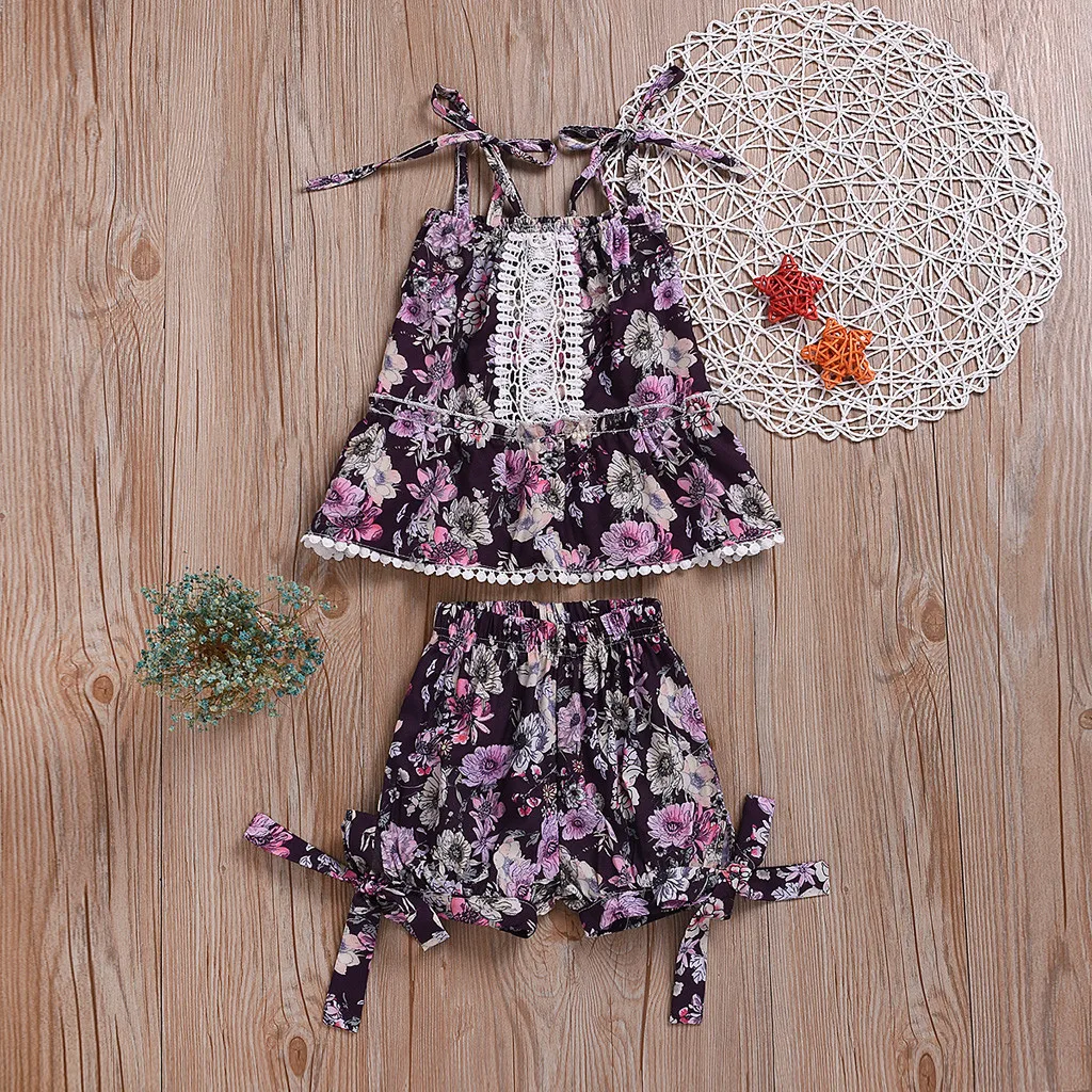 Girls Clothes Kid Baby Child Toddler Kids Girl Floral Print Ruffled Tops Bow Denim Shorts 2PC Outfits |