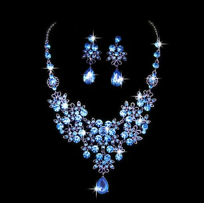blue Модные Индийские кристаллы, стразы, ожерелье, серьги, ювелирные наборы для женщин, невесты, свадебные, вечерние, бижутерия - Окраска металла: blue