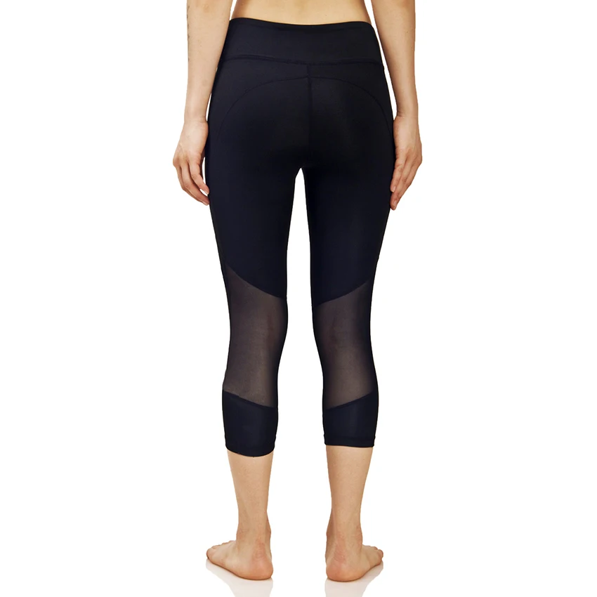 

2018 Women Elastic Waist Sport Tight Mesh Patchwork Polyester Yoga Gym Training Quick Dry Slim Stretch Pocket Calf-Length Pant